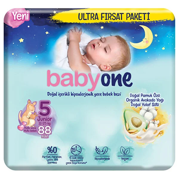 Babyone Yeni Gece Bebek Bezi 5 Beden Junior Ultra Fırsat Paketi 88 Adet